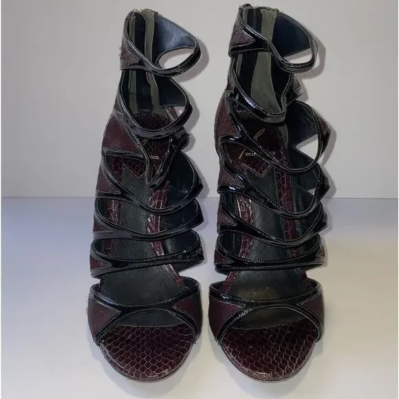 Brian Atwood Shoes Womens Size 8 Burgundy Black Snakeskin High Heel Sandals Zip - Picture 3 of 16